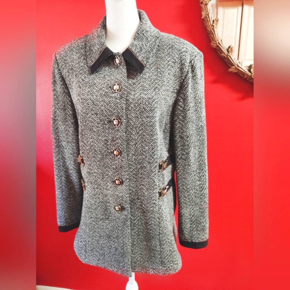 St John Marled Knit Black Gray Jacket Logo Details Gold Trim Sz 12